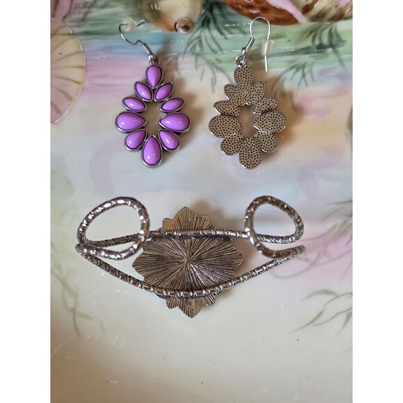 Native American-Style Silver & Purple Cuff Bracelet & Earrings Set New - Picture 6 of 7